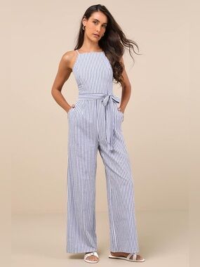 NWT Lulus Messina Blue Striped Wide-Leg Jumpsuit - Size S